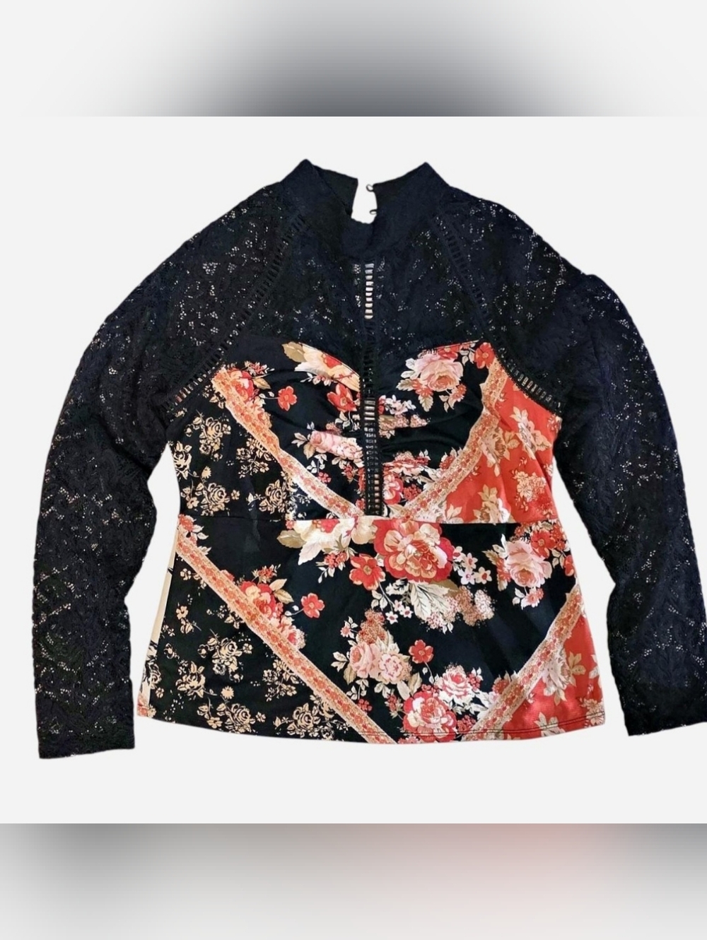 VENUS Top w/Coral Floral Panels & Black Lace Sleeves BRAND NEW Whimsygoth Pretty